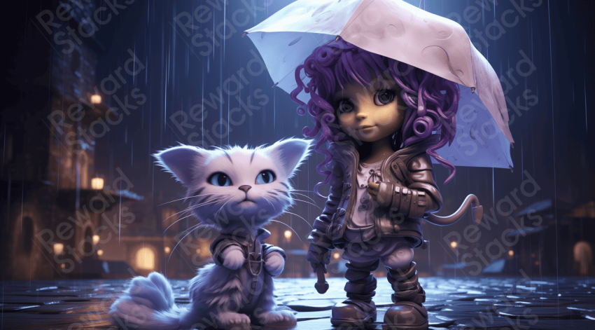Girl with purple hair and a white cat