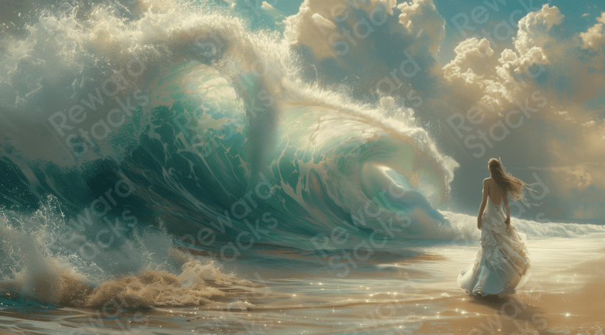 Girl dressed in white stands next to a large wave