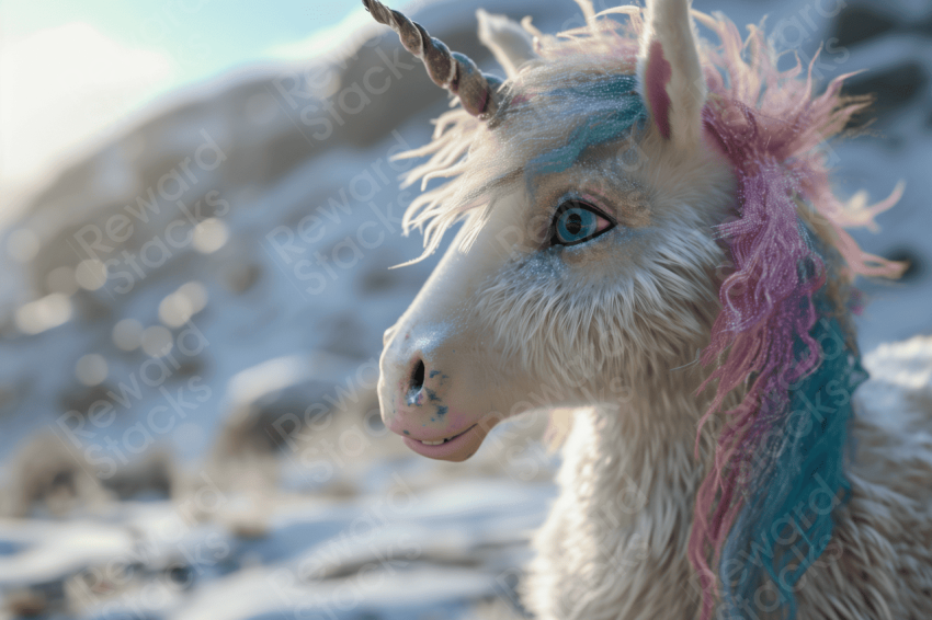 Unicorn standing in snow with colorful hair