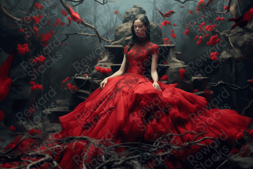 Girl in red flower dark forest