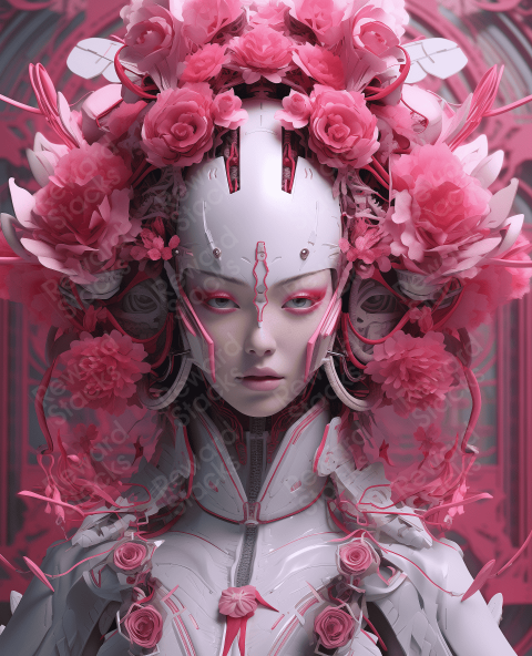 Cyber lady with pink flowers
