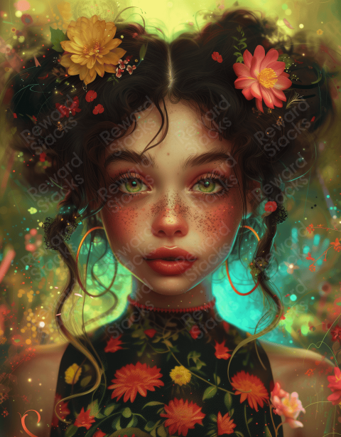 Painting girl in flowers