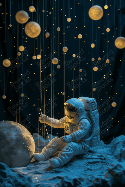 Astronaut playing space strings on a moon