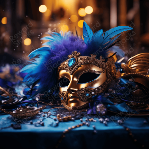 Blue mask with gold feathers