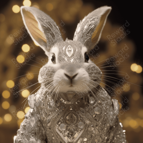 Bunny dressed up in a silver costume
