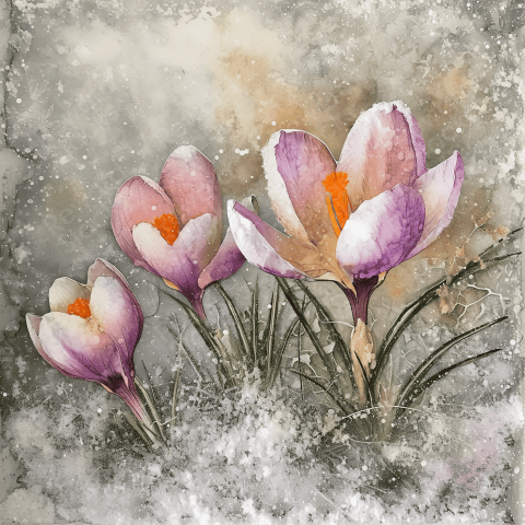 A glistening snow covered garden with crocus