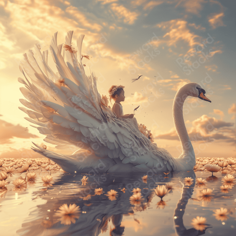 Little girl on the wings of a white swan