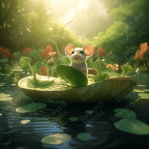Cute mouse floating on a leaf