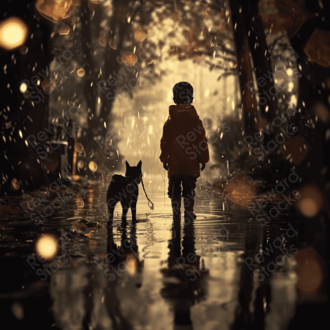 Kid and his dog under the rain