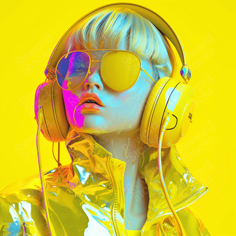 Colorful girl in yellow with headphones