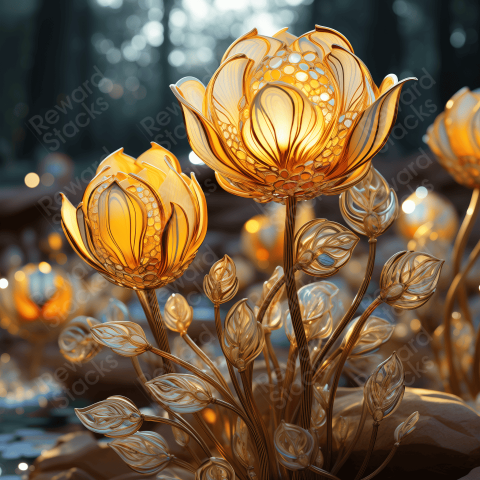 Glowing mosaic sculpture of yellow tulips
