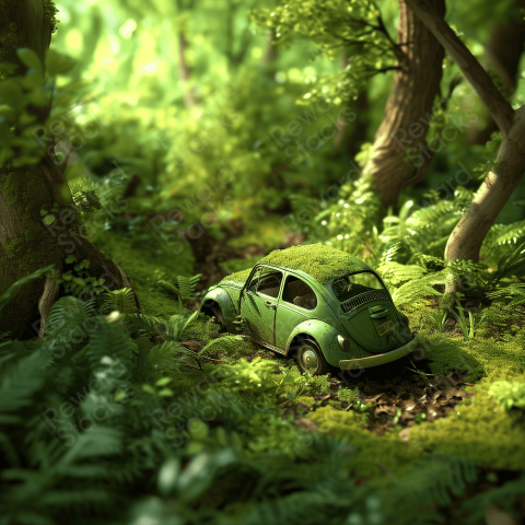 Green car in a lush forest
