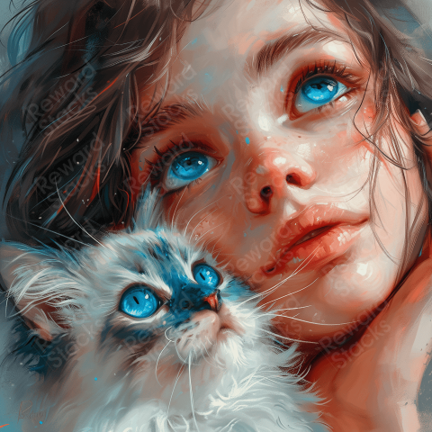 Painting illustration of cute girl and little cat