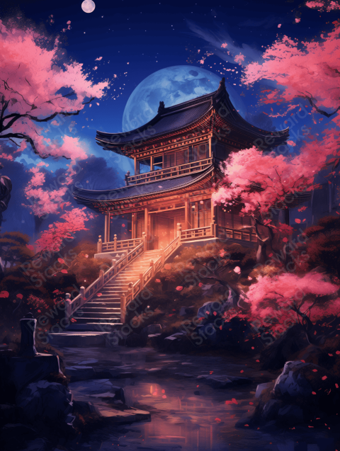 Scenic night backdrop of trees and a house