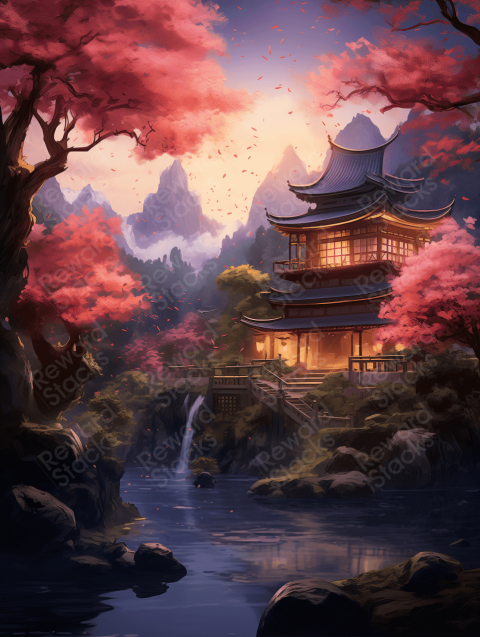 Magic backdrop of trees and a house